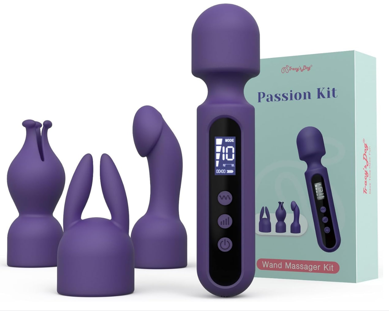Tracy&amp;#039;s Dog Wand Vibrator Kits, Couple Adult Sex Toys with 3 Attachments for Clit, G Spot, Glans, Clitoral Stimulator Vibrating Realistic Dildo with LCD Display, 10 Patterns 4 Speeds Massage Kits